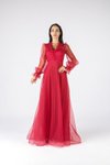 Kırmızı Uzun Kollu Yakalı Simli Abiye Elbise