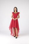 Kırmızı Yakası Fırfırlı Midi Abiye Elbise