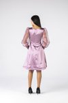 Lavanta Transparan Kol Detaylı Saten Midi Abiye Elbise