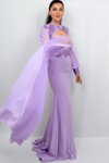 Lila Bel Detaylı Üst Çıkarılabilir İşlemeli Şifon Uzun Abiye Elbise