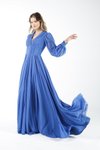 Mavi Uzun Kollu Düğmeli Şifon Abiye Elbise