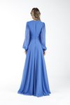 Mavi Uzun Kollu Düğmeli Şifon Abiye Elbise