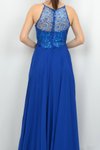 Saks Mavi Renk Üst Kısmı Parıltılı Dantel Şifon Uzun Abiye Elbise