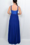 Saks Mavi Üst Kısmı Taş İşlemeli Halter Yaka Şifon Uzun Abiye Elbise