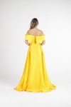 Sarı Geniş Yaka Askılı Saten Uzun Abiye Elbise