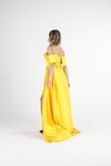 Sarı Geniş Yaka Askılı Saten Uzun Abiye Elbise