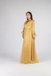 Sarı Işıltılı Kumaş Uzun Kollu Kuşaklı Abiye Elbise