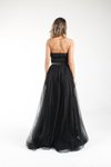 Siyah Beli Transparan Detaylı Tül Uzun Abiye Elbise