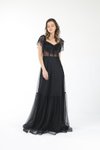Siyah Dantel Detaylı Puan Tül Uzun Abiye Elbise