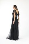 Siyah Dantel Detaylı Puan Tül Uzun Abiye Elbise