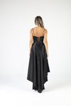 Siyah İp Askılı Arkası Uzun Saten Midi Abiye Elbise