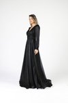 Siyah Kemerli Uzun Kollu Simli Şifon Abiye Elbise