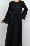 Siyah Önü Fırfır Detaylı Uzun Kollu Abiye Elbise