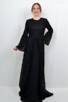 Siyah Önü Fırfır Detaylı Uzun Kollu Abiye Elbise
