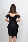 Siyah Tül Detaylı Pullu Midi Abiye Elbise