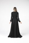 Siyah Uzun Kollu Düğmeli Şifon Abiye Elbise