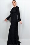 Siyah Uzun Şifon Kollu Dantel Abiye Elbise