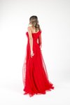Tek Omuzlu Kırmızı Çift Yaka Fırfır Detaylı Uzun Abiye Elbise