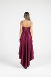 Violet İp Askılı Arkası Uzun Saten Midi Abiye Elbise