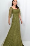 Yağ Yeşili Kare Sim Detaylı Uzun Abiye Elbise