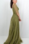 Yağ Yeşili Kare Sim Detaylı Uzun Abiye Elbise