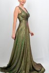 Yeşil Simli Bel Detaylı Parılıtılı Uzun Abiye Elbise