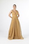 Gold V Yaka Üzeri Sim İşlemeli Uzun Abiye Elbise