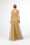 Gold V Yaka Üzeri Sim İşlemeli Uzun Abiye Elbise