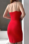Kırmızı Scuba Kumaş Askı Taş Detay İnce Askılı Yırtmaçlı Mini Abiye Elbise