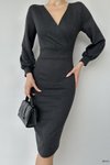 Siyah Kruvaze Yaka Uzun Kol Ecrin Kumaş Midi Elbise