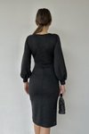 Siyah Kruvaze Yaka Uzun Kol Ecrin Kumaş Midi Elbise