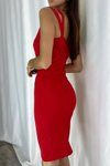 Tek Omuz Askılı Kırmızı Göbek Üçgen Detay Krep Kumaş Sırtı Çapraz Midi Abiye Elbise