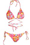 Sarı Pembe Çapraz Bağlama Detaylı Üçgen İpli Desenli Bikini Takım