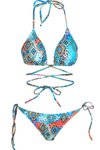 Turuncu Mavi Çapraz Bağlama Detaylı Üçgen İpli Desenli Bikini Takım