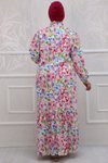 Desenli Pembe Büyük Beden Dik Yaka Fırfırlı Keten Elbise