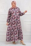 Yaprak Desen Mor Büyük Beden Eteği Fırfırlı Desenli Jesica Elbise