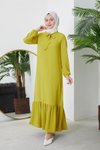 Yağ Yeşili Eteği Fırfırlı Yaka Bağlamalı Elbise