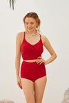 Kırmızı Yüksek Bel Toparlayıcı Model Göğüs Büzgülü Bikini Takım