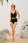 Siyah Yüksek Bel Büzgülü Model Toparlayıcı Bikini Takım