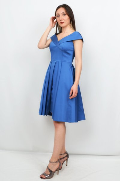 İndigo Havuz Yaka Saten Midi Abiye Elbise