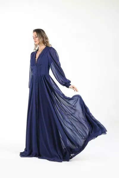 Navy Long Sleeve Buttoned Chiffon Evening Dress