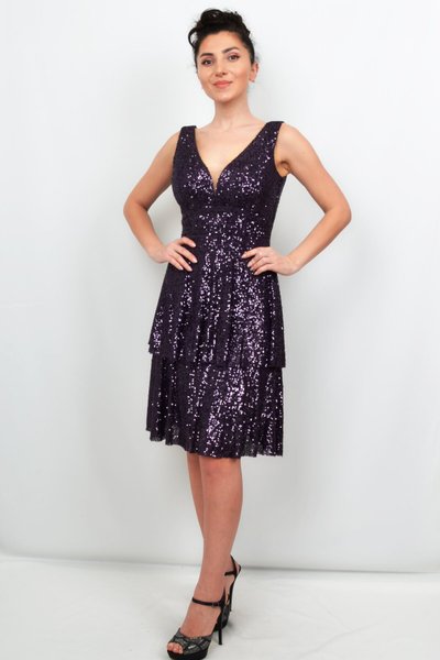 Mor Pul İşlemeli Midi Abiye Elbise