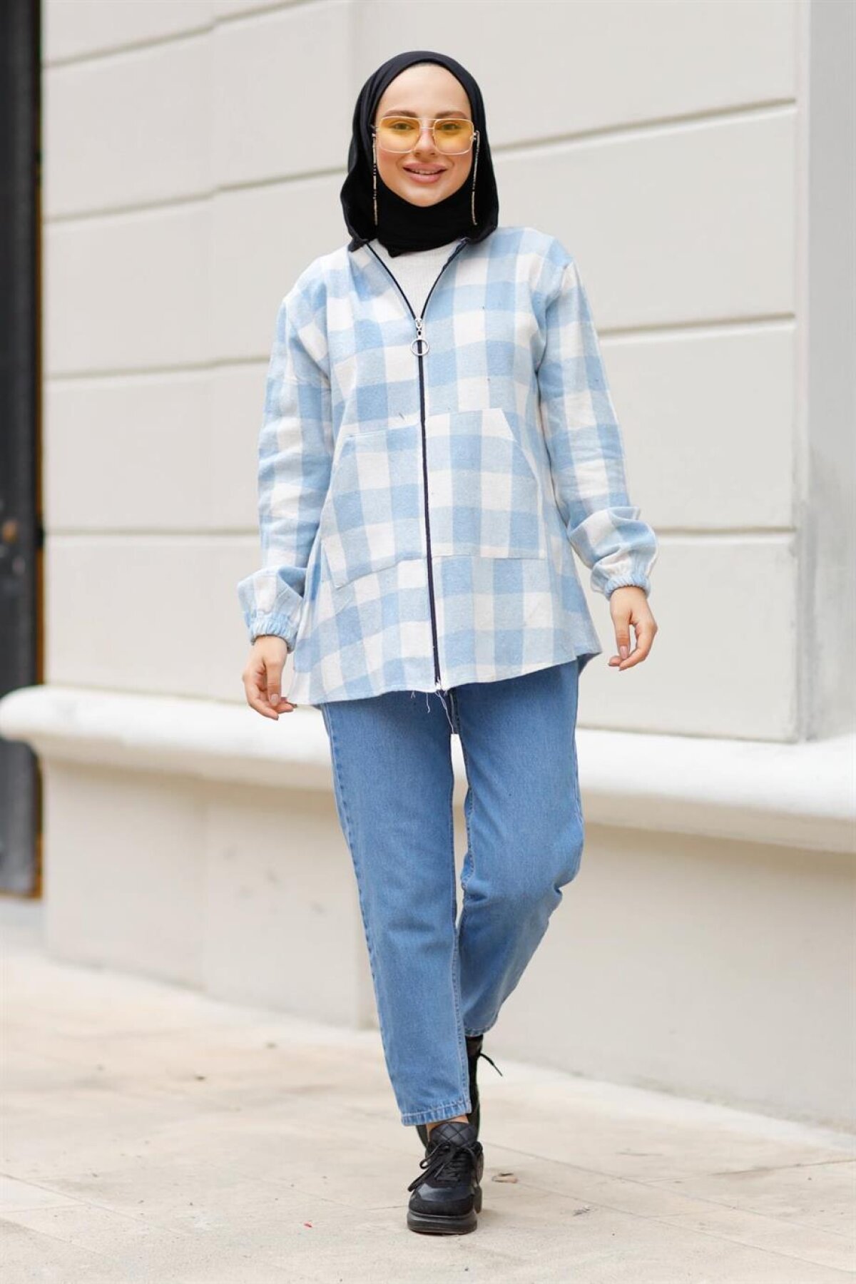 Mavi Kapüşonlu Oduncu Polar Sweatshirt - meqlife