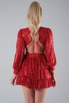 Sırt Dekolteli Kırmızı Payet Açık Mini Abiye Elbise