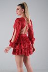 Sırt Dekolteli Kırmızı Payet Açık Mini Abiye Elbise