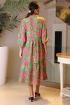 Fuşya Uzun Kollu Renkli Lina Midi Elbise