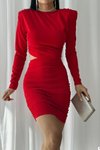 Kırmızı Bel Dekolteli Uzun Kol Vatkalı İthal Krep Kumaş Mini Elbise