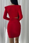 Kırmızı Bel Dekolteli Uzun Kol Vatkalı İthal Krep Kumaş Mini Elbise
