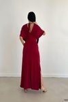 Kırmızı Bordo Yarasa Kol Sandy Kumaş Uzun Yırtmaç Detay Elbise