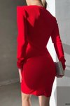 Kırmızı Kalp Yaka İthal Krep Kumaş Uzun Kol Basic Mini Elbise